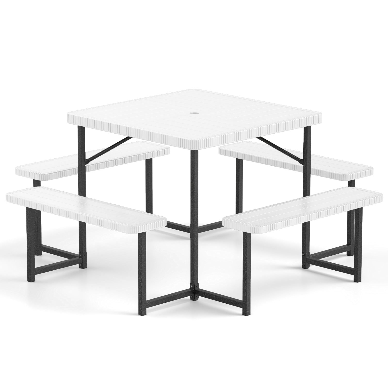 Outdoor Square Picnic Table Bench Set for 4-8 People with Umbrella Hole-Green - White