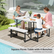 Outdoor Square Picnic Table Bench Set for 4-8 People with Umbrella Hole-White