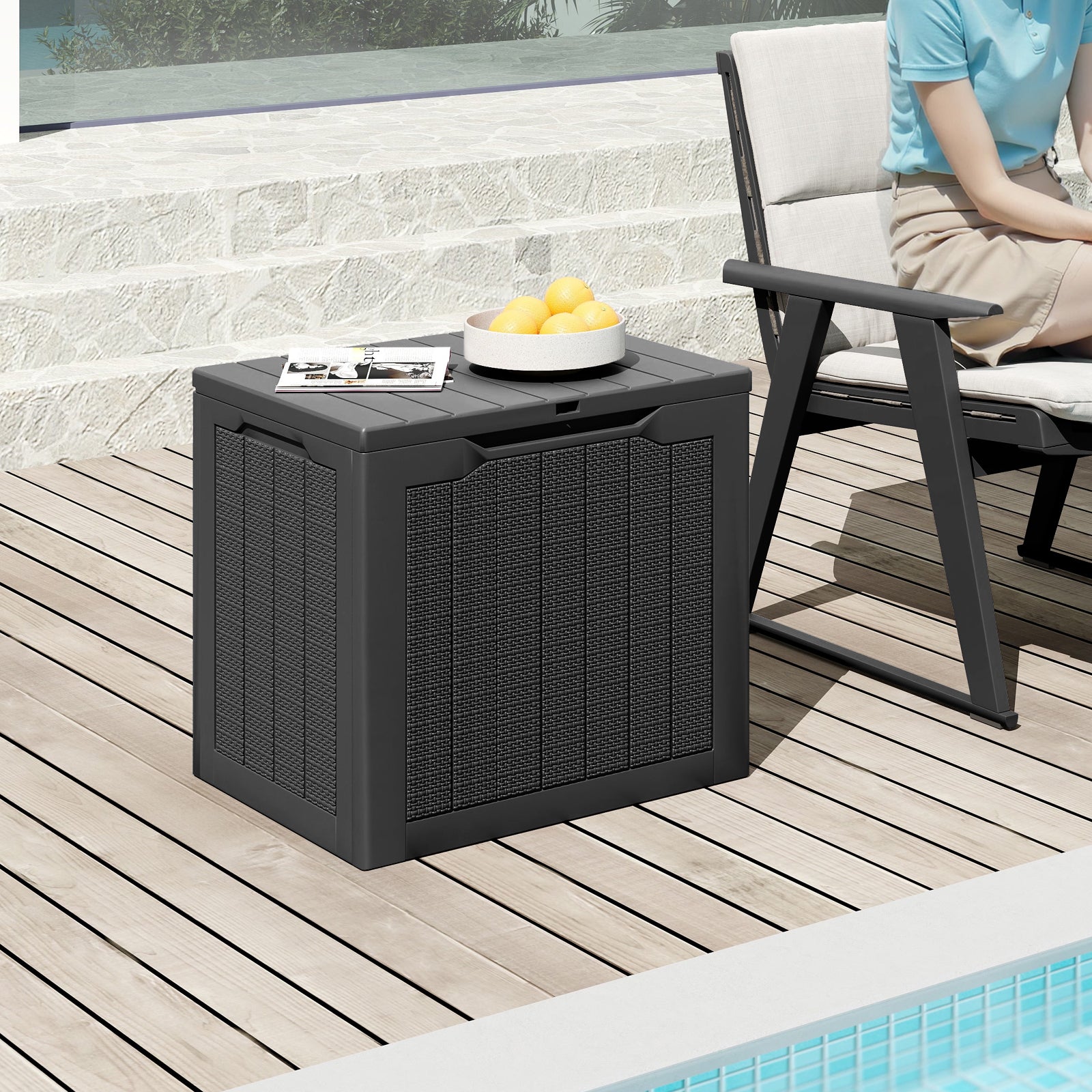 Outdoor Storage Box 25 Gallon Deck Box with Lockable Lid and Wicker-woven Texture-Black