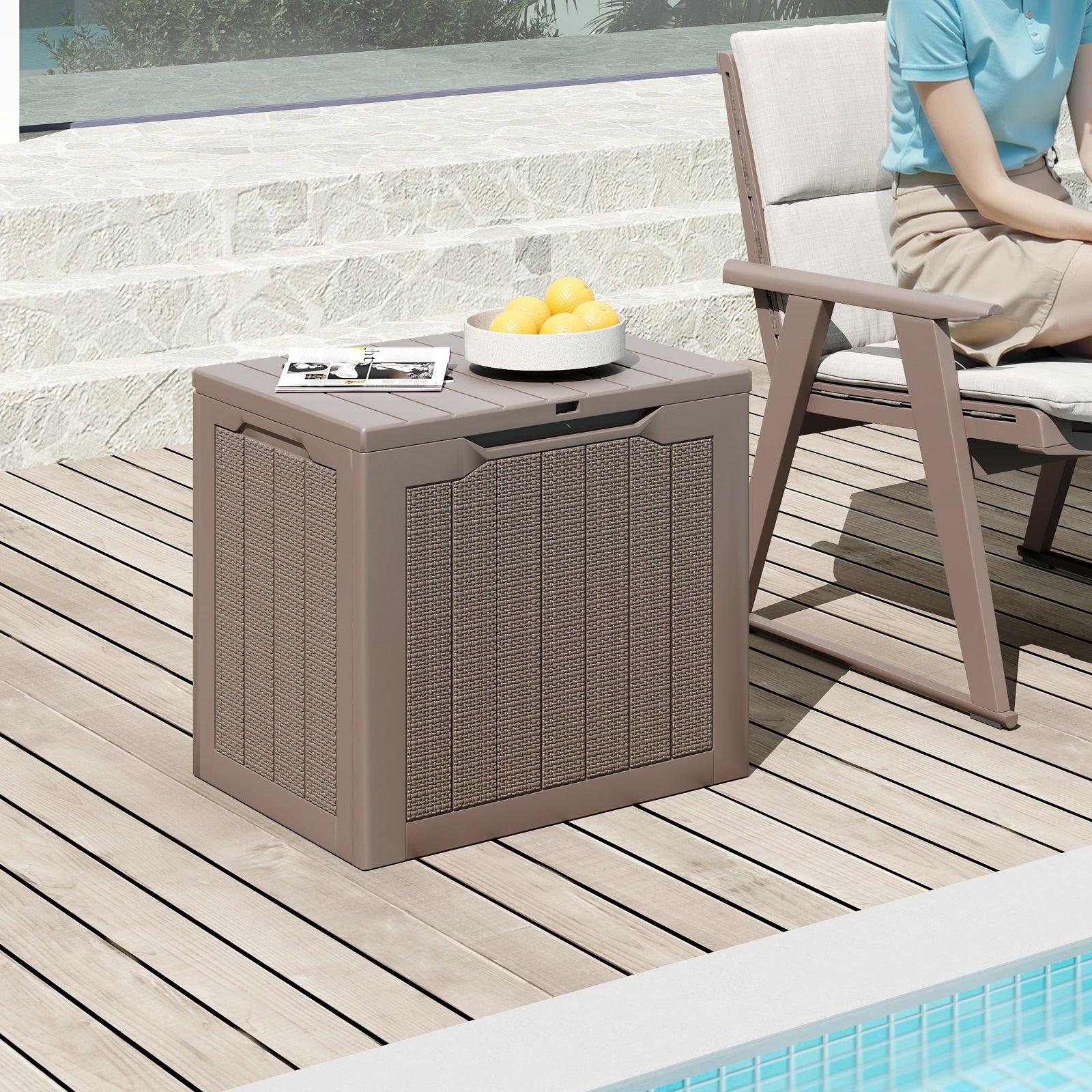 Outdoor Storage Box 25 Gallon Deck Box with Lockable Lid and Wicker-woven Texture-Brown