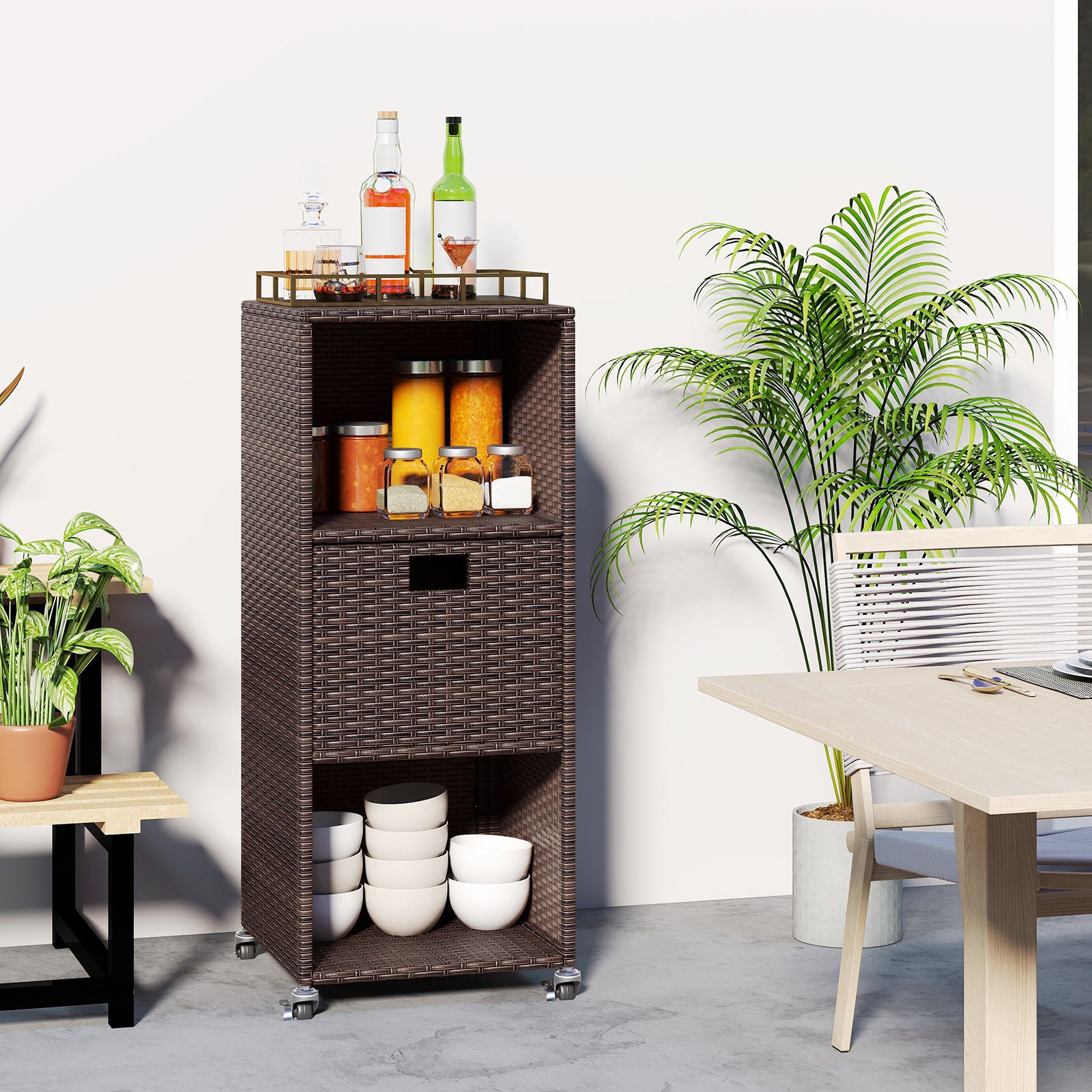 Outdoor Storage Cabinet with Drawer and 3 Shelves for Backyard
