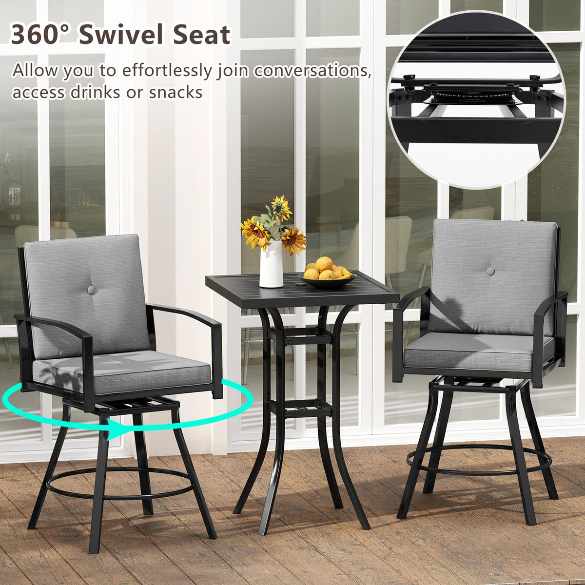 Outdoor Swivel Bar Stools Set of 2 Bar Height Patio Chairs with High Backrest