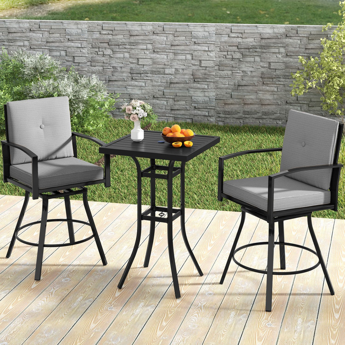 Outdoor Swivel Bar Stools Set of 2 Bar Height Patio Chairs with High Backrest