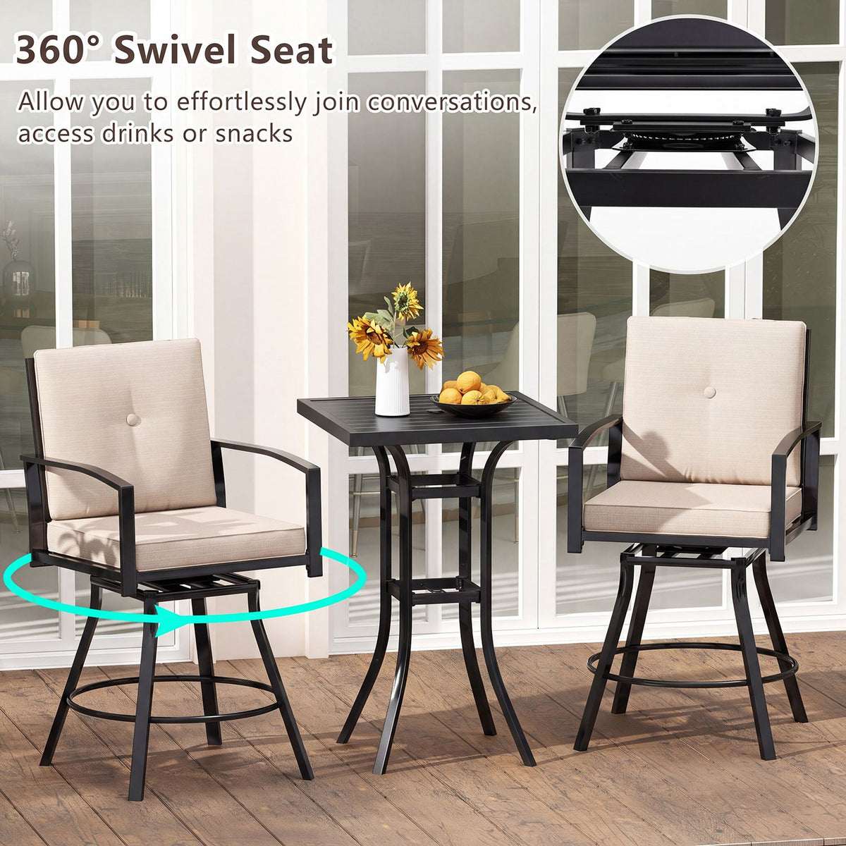 Outdoor Swivel Bar Stools Set of 2 Bar Height Patio Chairs with High Backrest