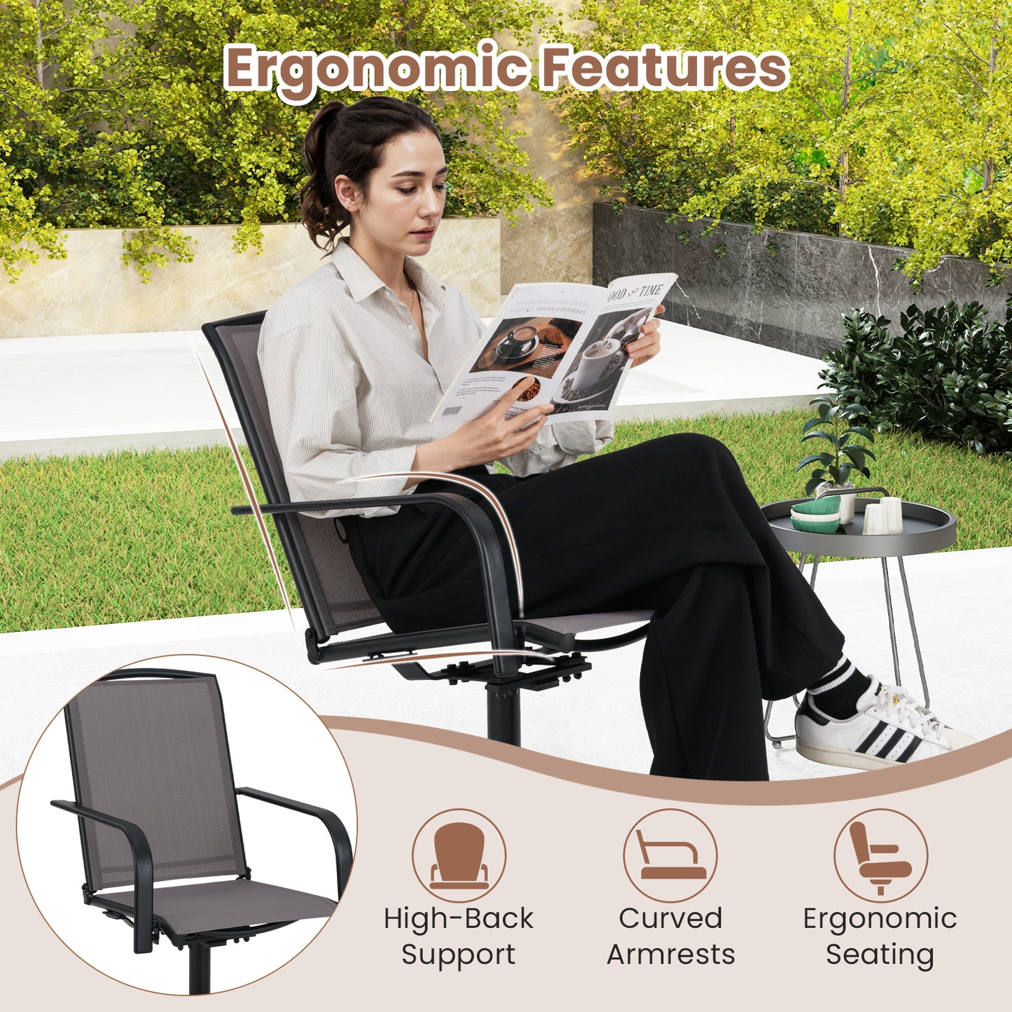 Outdoor Swivel Chairs Set of 2 with High Back and Breathable Seat