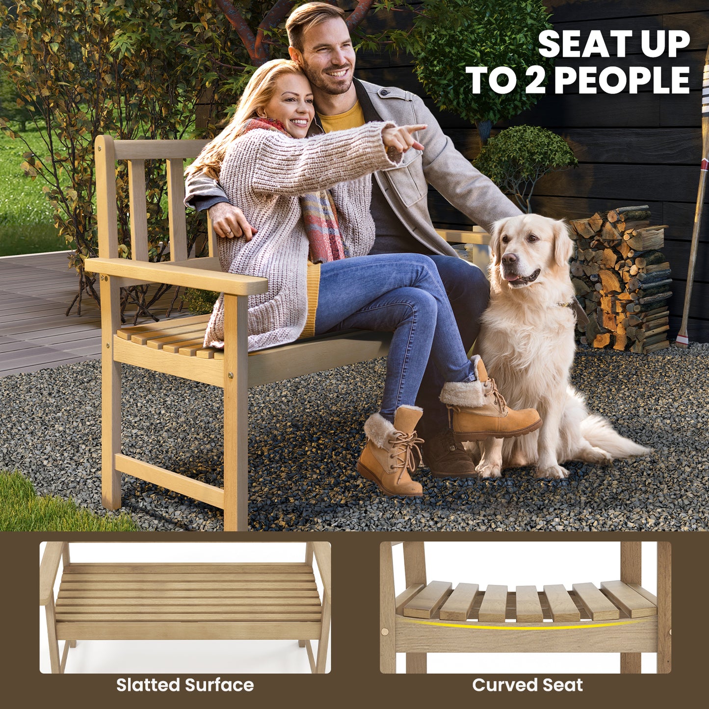 Outdoor Indonesia Teak Wood Garden Bench 2-Person with Backrest and Armrests