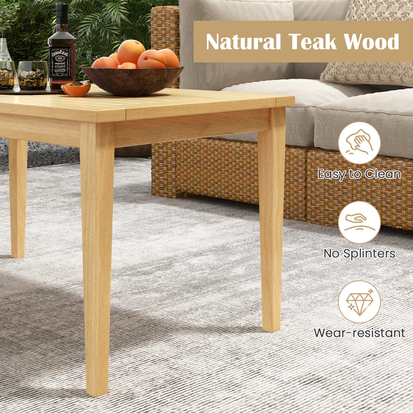 20 Inch x 35.5 Inch Outdoor Teak Wood Coffee Table with Slatted Tabletop for Balcony