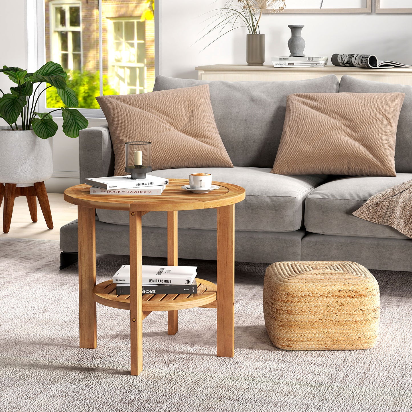 Outdoor Teak Wood Round Side Table Patio End Table with Slatted Storage Shelf