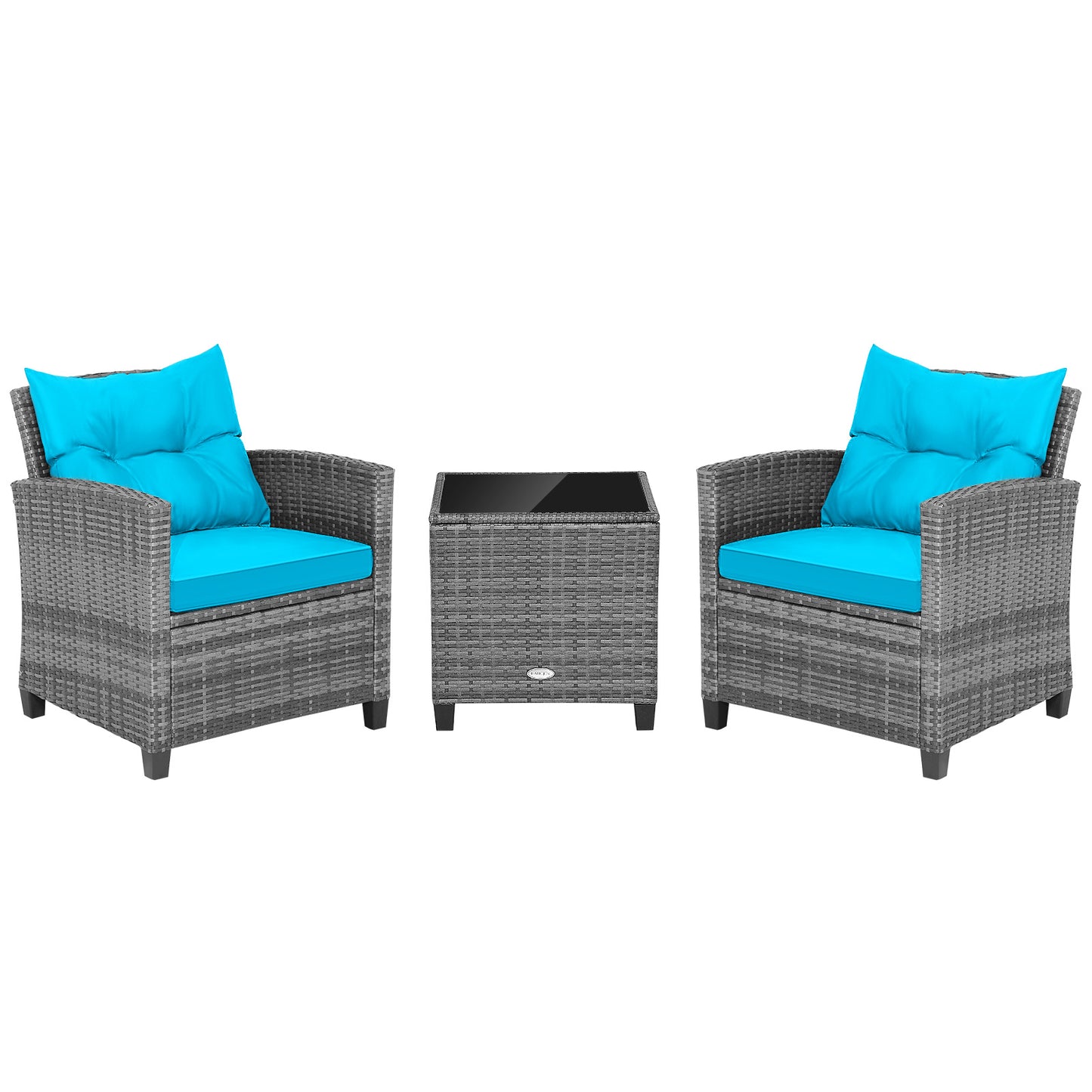 3 Pieces Outdoor Wicker Conversation Set with Tempered Glass Tabletop-Red - Turquoise