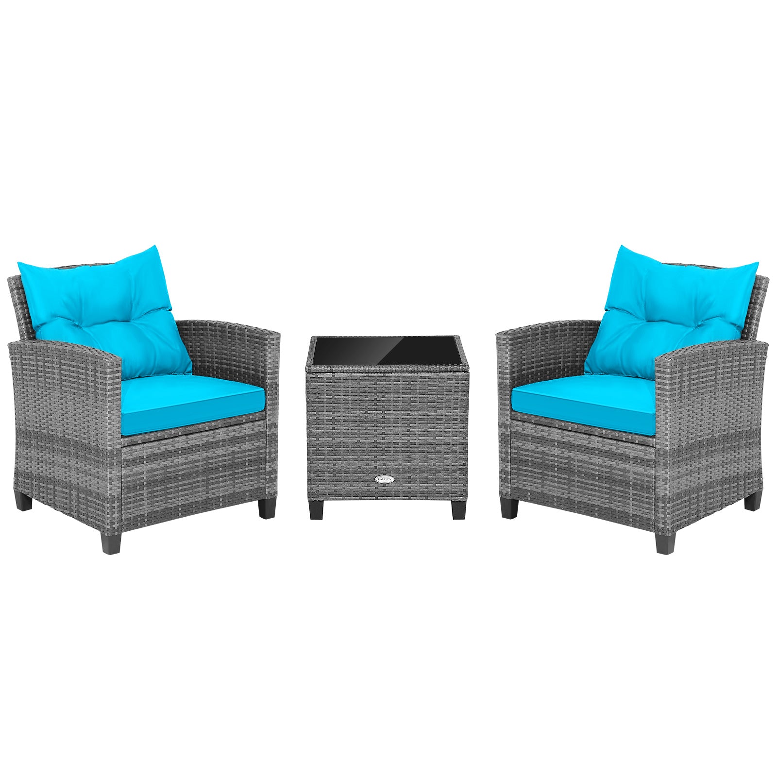 3 Pieces Outdoor Wicker Conversation Set with Tempered Glass Tabletop-Red - Turquoise