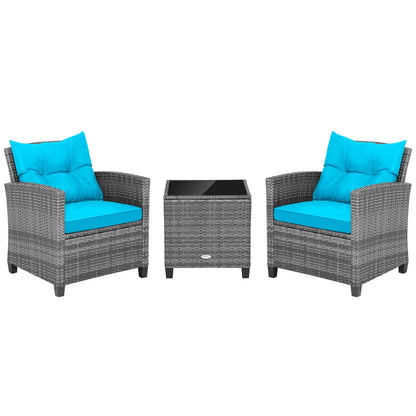 3 Pieces Outdoor Wicker Conversation Set with Tempered Glass Tabletop-Red - Turquoise