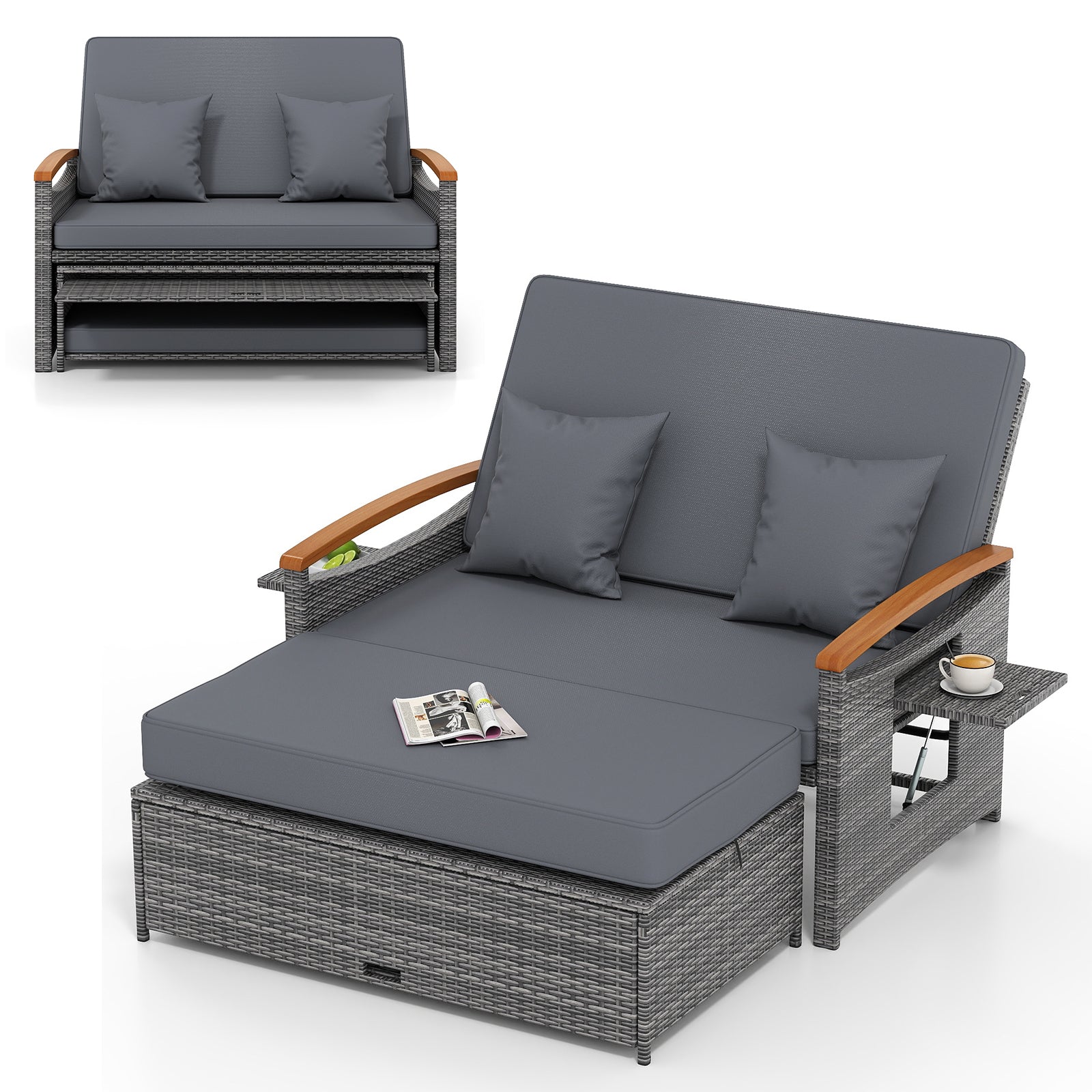 Outdoor Wicker Daybed with Folding Panels and Storage Ottoman-Red - Mix Gray