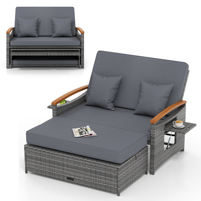 Outdoor Wicker Daybed with Folding Panels and Storage Ottoman-Red - Mix Gray