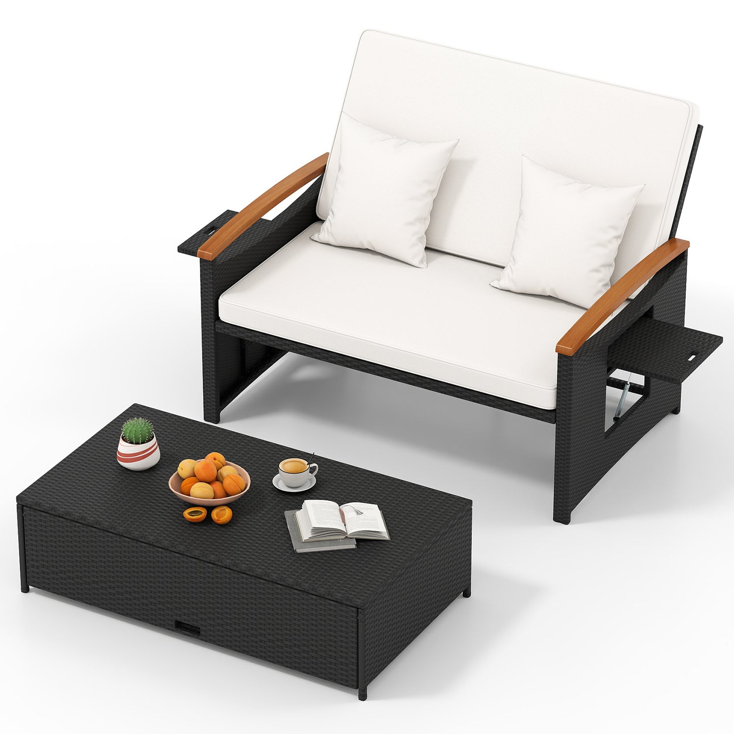 Outdoor Wicker Daybed with Folding Panels and Storage Ottoman-Red - White