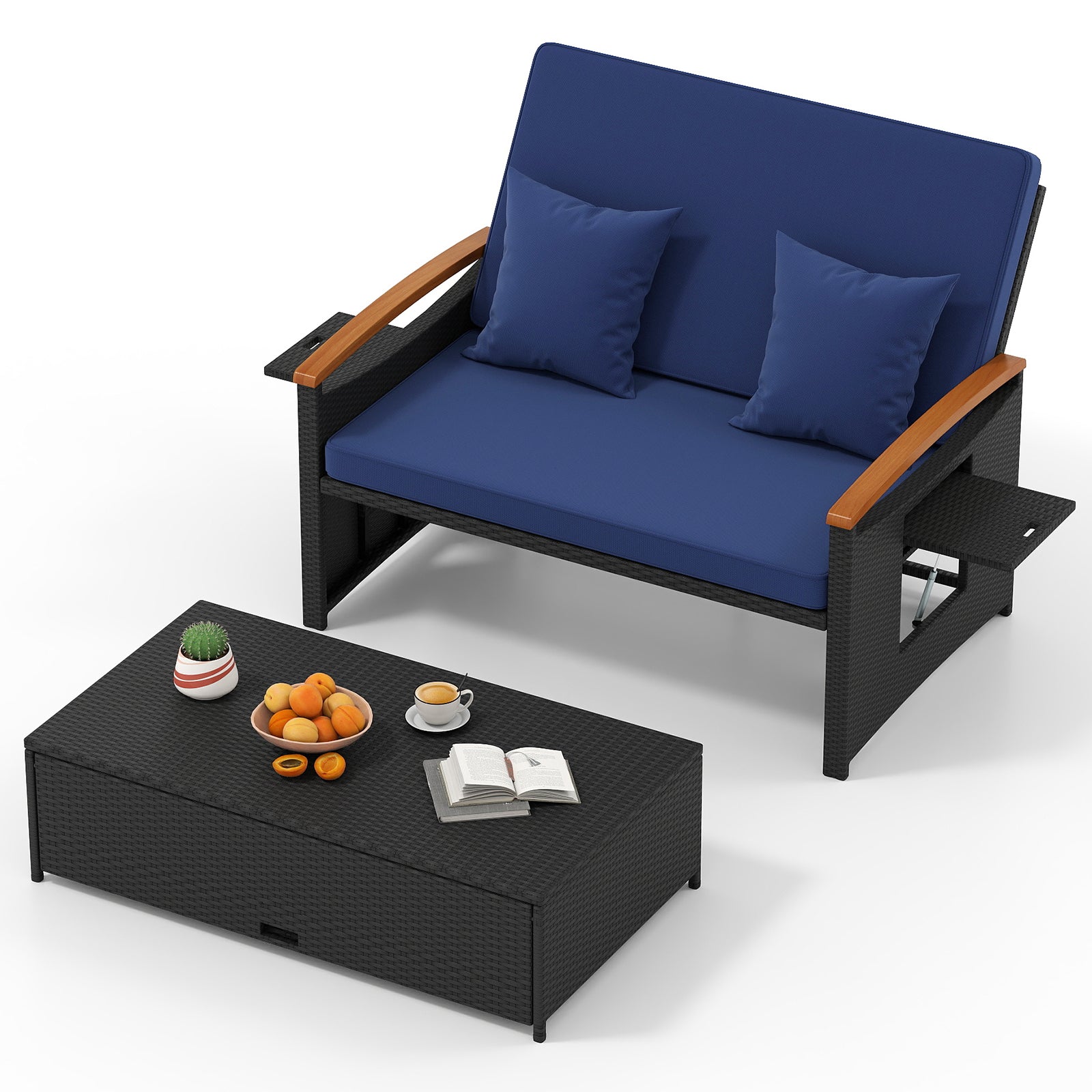 Outdoor Wicker Daybed with Folding Panels and Storage Ottoman-Red - Dark Blue