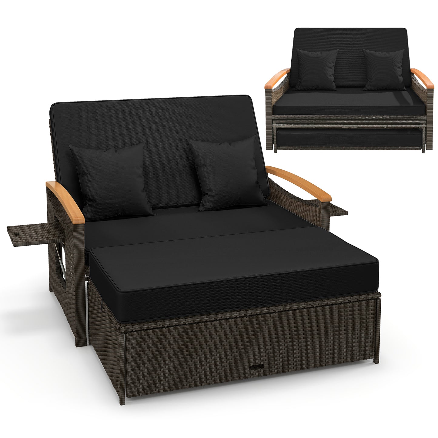 Outdoor Wicker Daybed with Folding Panels and Storage Ottoman-Red - Black