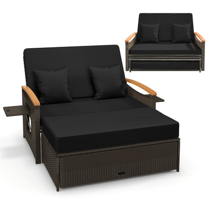 Outdoor Wicker Daybed with Folding Panels and Storage Ottoman-Red - Black