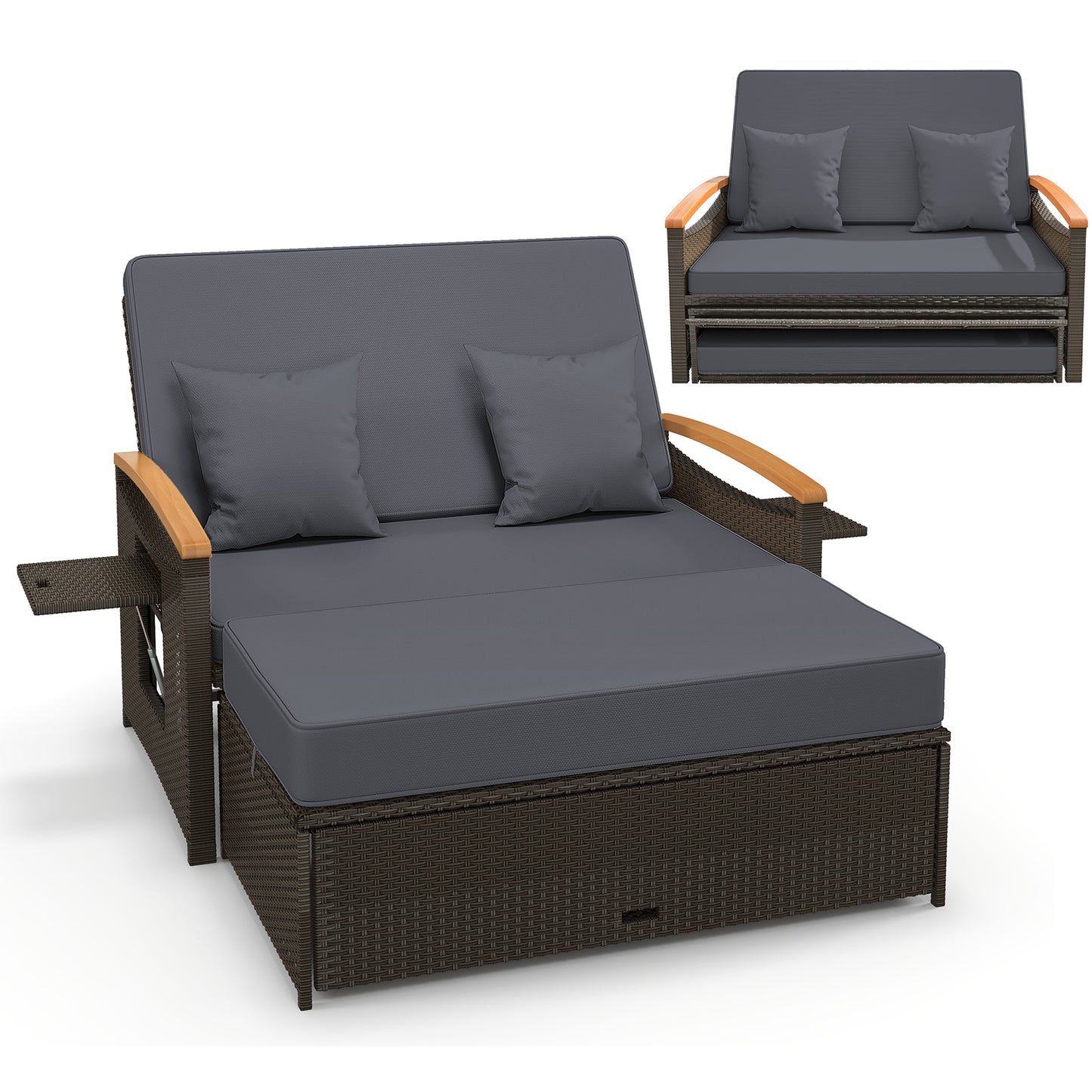 Outdoor Wicker Daybed with Folding Panels and Storage Ottoman-Red - Gray