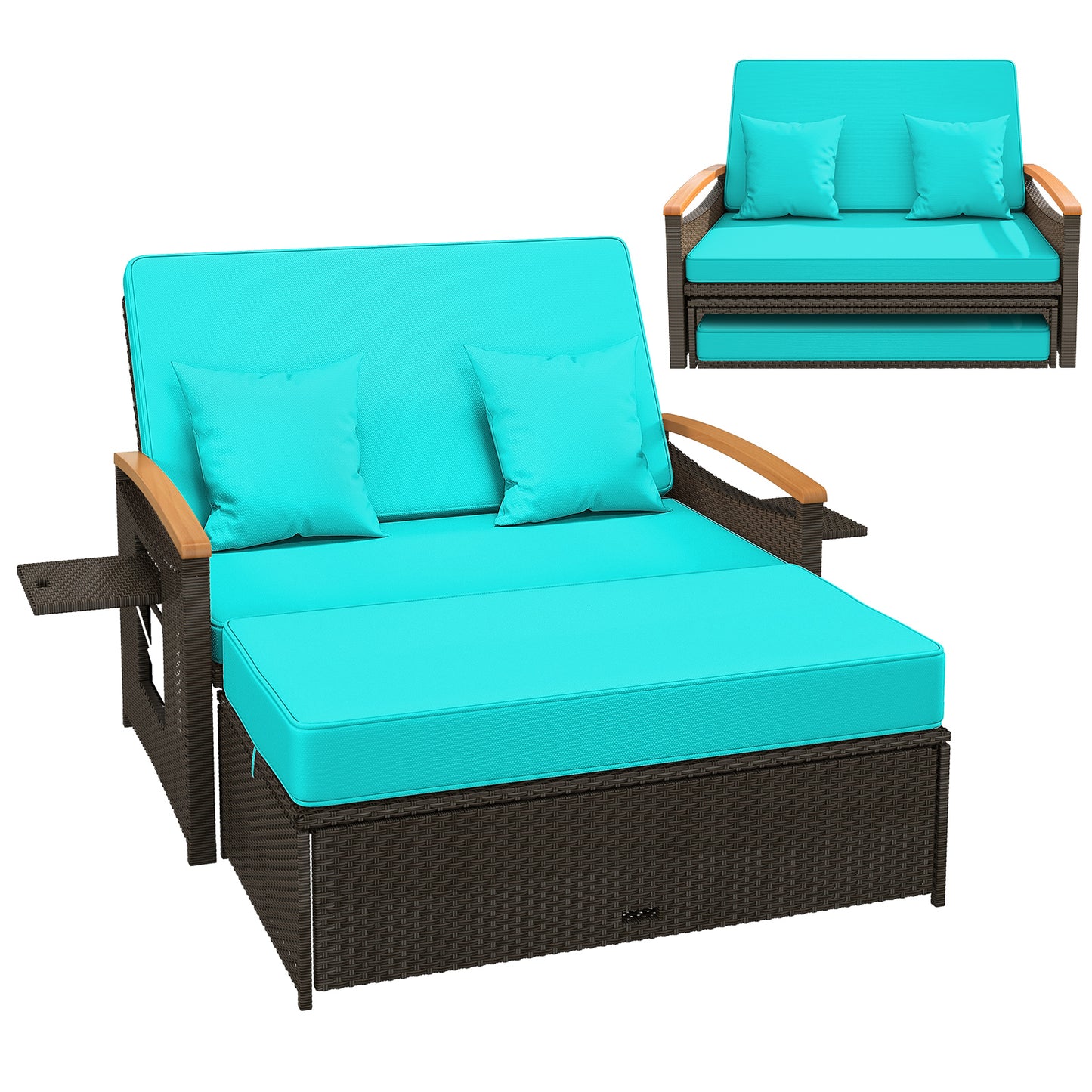 Outdoor Wicker Daybed with Folding Panels and Storage Ottoman-Red - Green