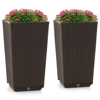 Outdoor Wicker Flower Pot Set of 2 with Drainage Hole for Porch Balcony - Brown