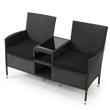 Outdoor Wicker Loveseat with Built-in Glass Side Table