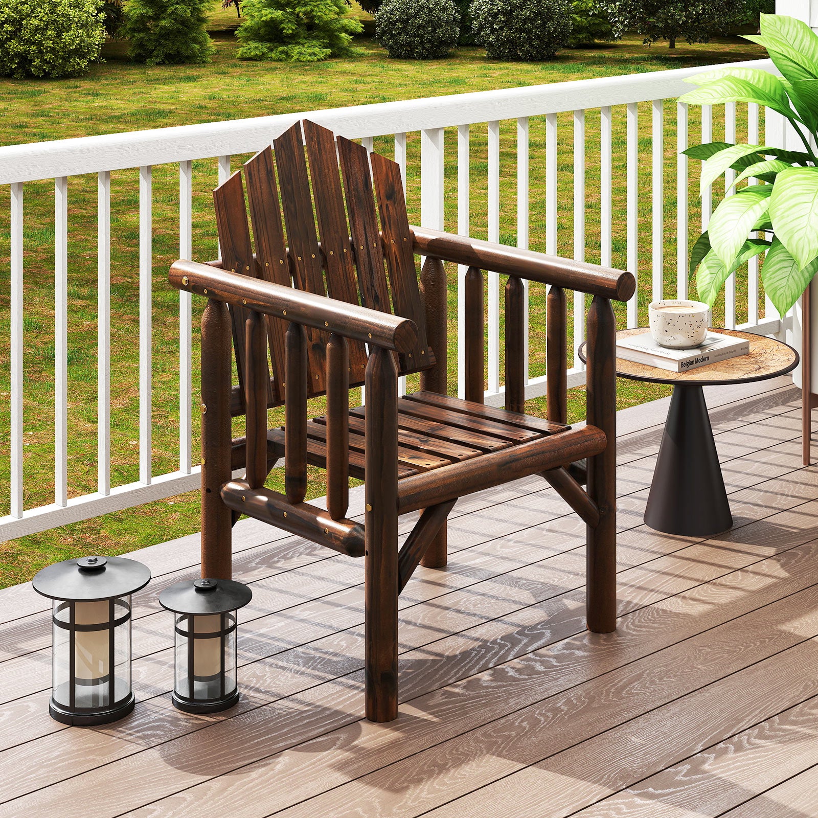 Outdoor Wood Armchair Wooden Patio Dining Chair with Armrests-Brown