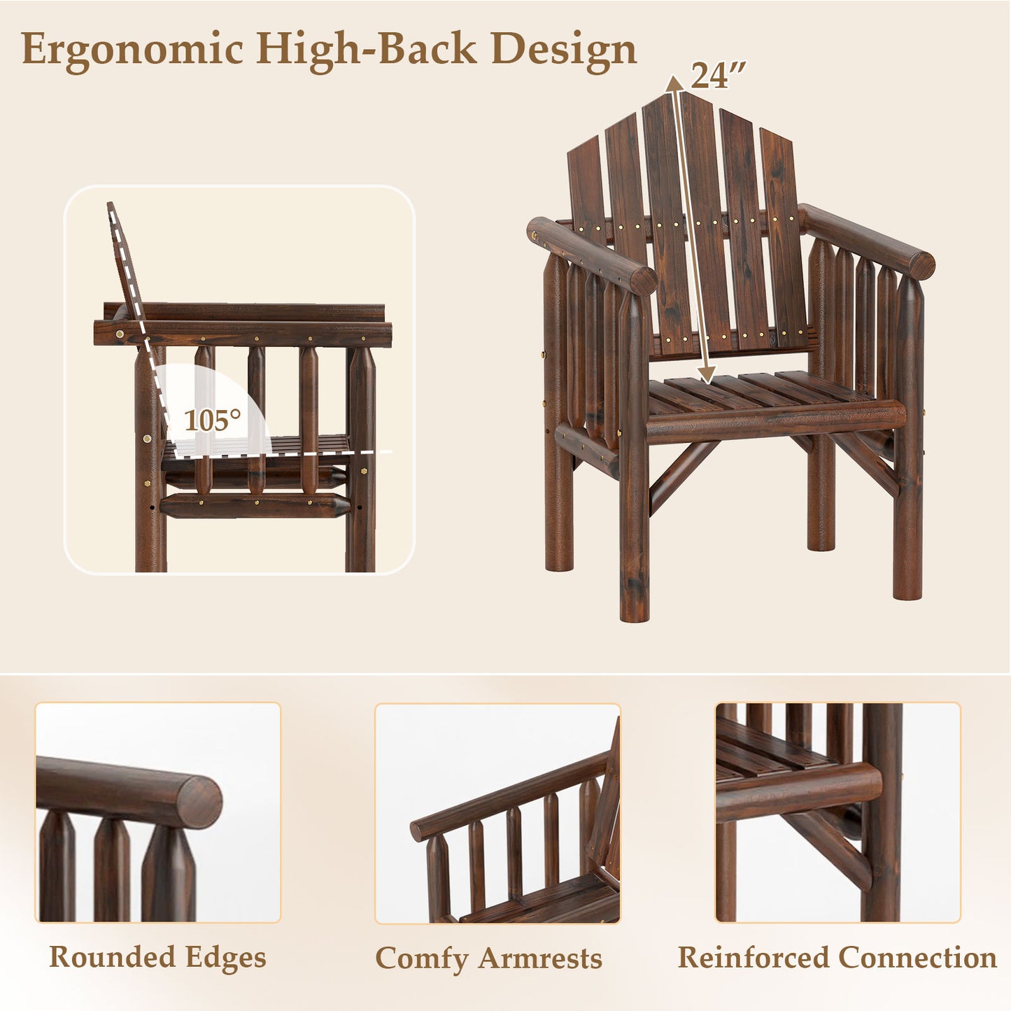 Outdoor Wood Armchair Wooden Patio Dining Chair with Armrests-Brown