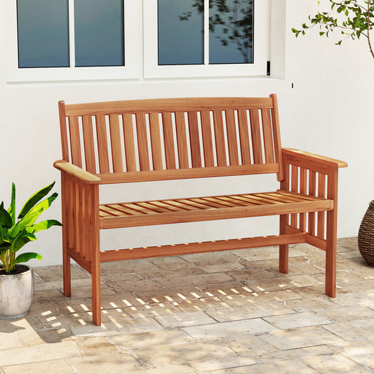 Outdoor Wood Garden Bench 2-Person Patio Park Bench with Backrest Armrests and Slatted Seat
