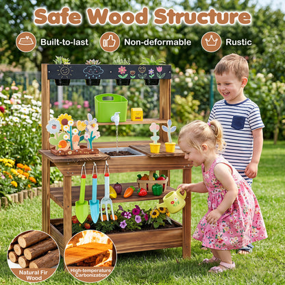 Outdoor Wooden Mud Kitchen with Water Faucet & Planter