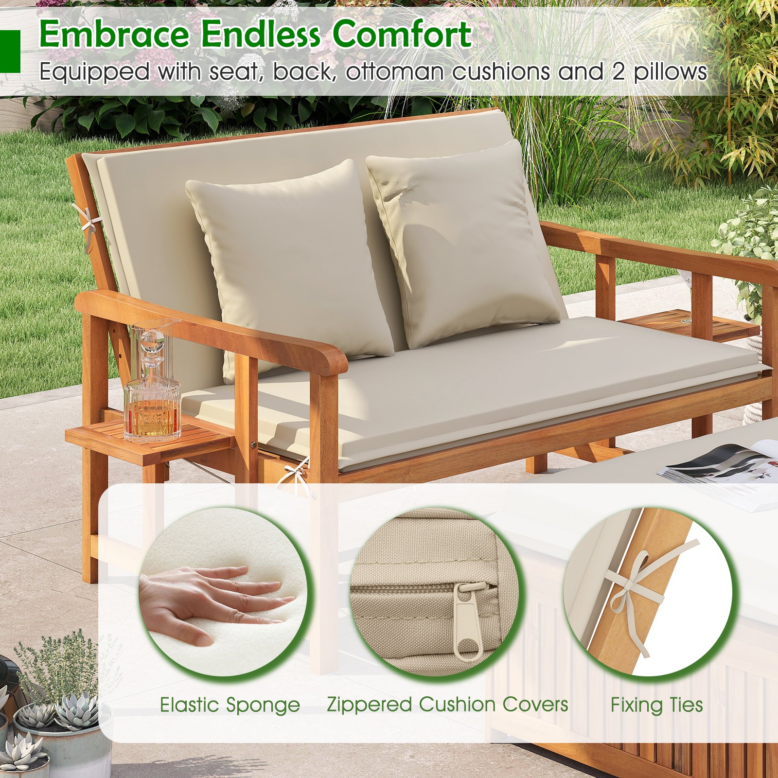 Outdoor Wooden Daybed with 4-Level Backrest and Removable Cushions-White