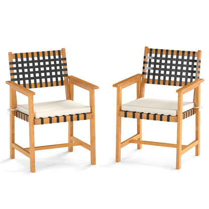 Outdoor Wooden Dining Chair Set of 2 with Armrests and Curved Back-White