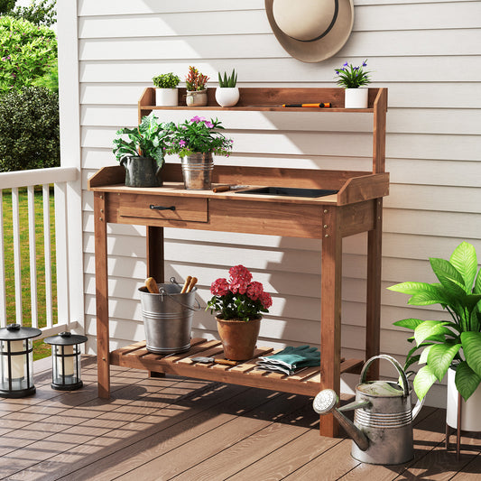 Outdoor Wooden Garden Table Work Station with Storage Shelves and Drawer-Coffee