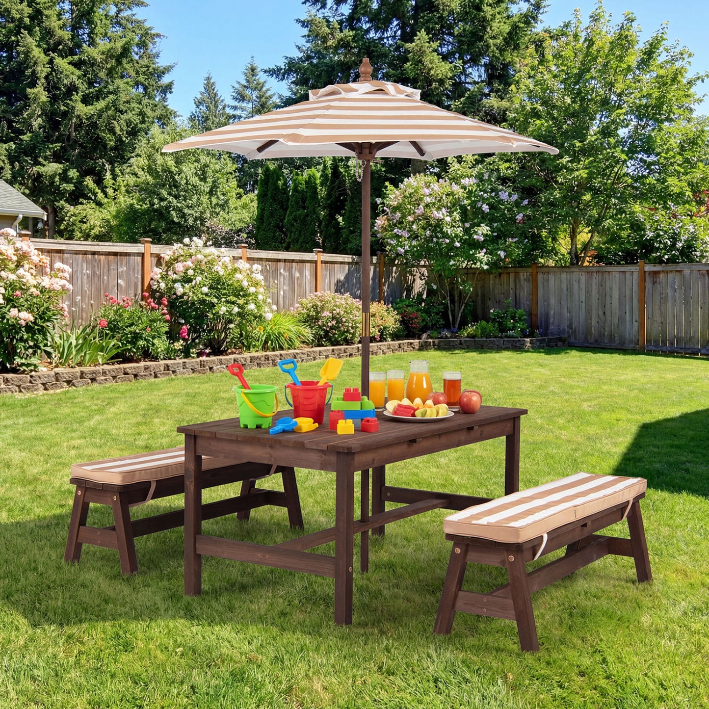 Outdoor Wooden Kids Picnic Table with Removable Umbrella and Cushions