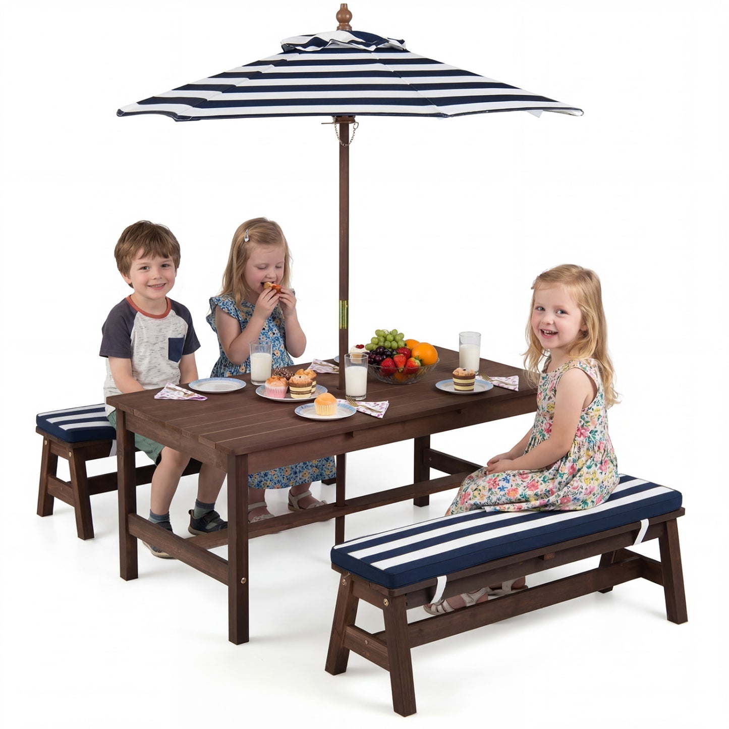 Outdoor Wooden Kids Picnic Table with Removable Umbrella and Cushions