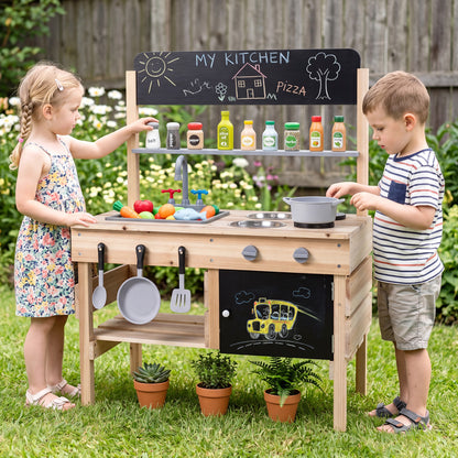 Outdoor Wooden Mud Kitchen for Kids with Sink and Stoves