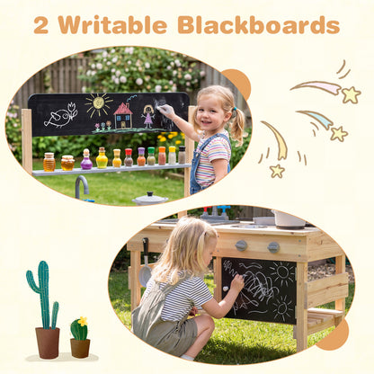 Outdoor Wooden Mud Kitchen for Kids with Sink and Stoves