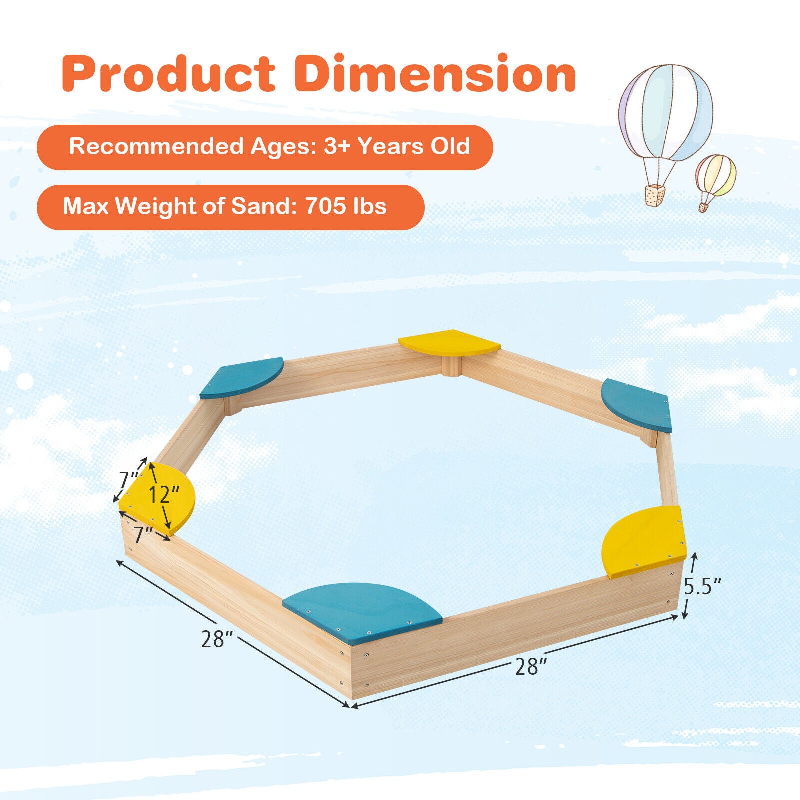 Outdoor Solid Wood Sandbox with 6 Built-in Fan-shaped Seats