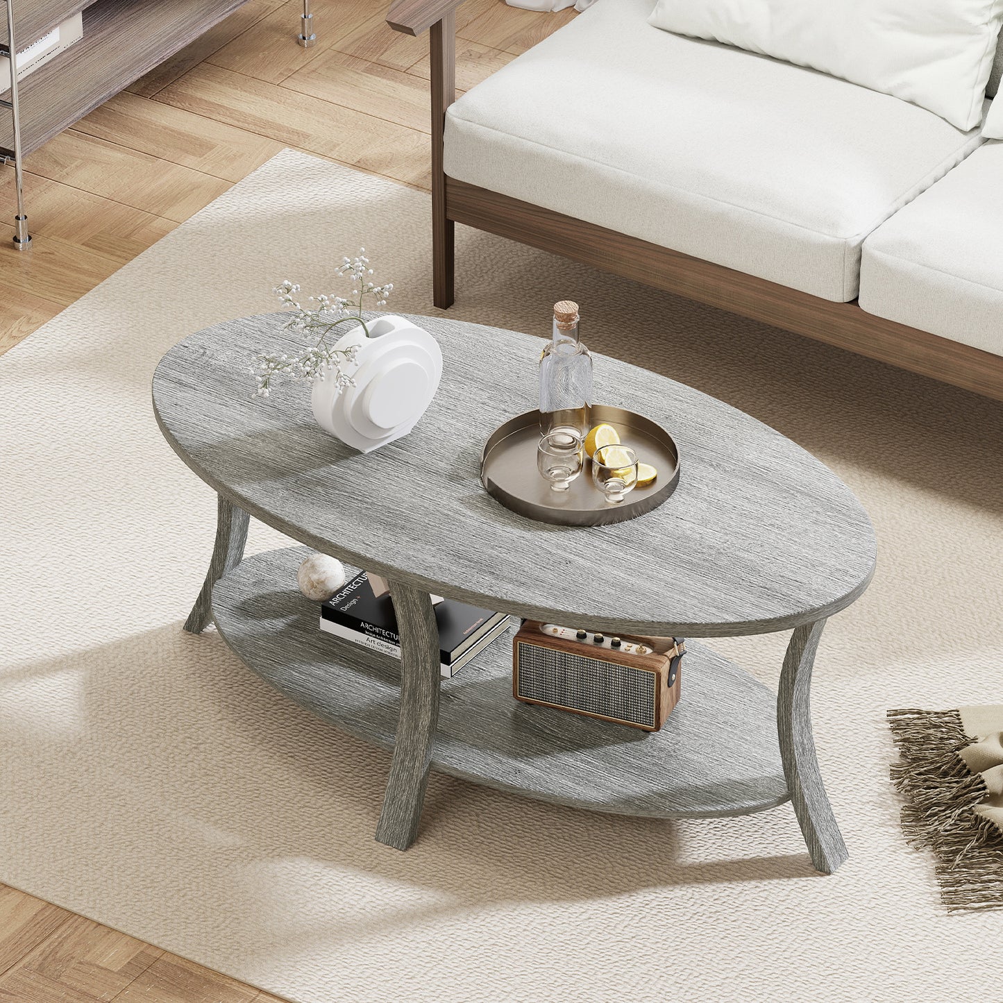 Oval Coffee Table 2-Tier Center Table with Storage Shelf-Gray
