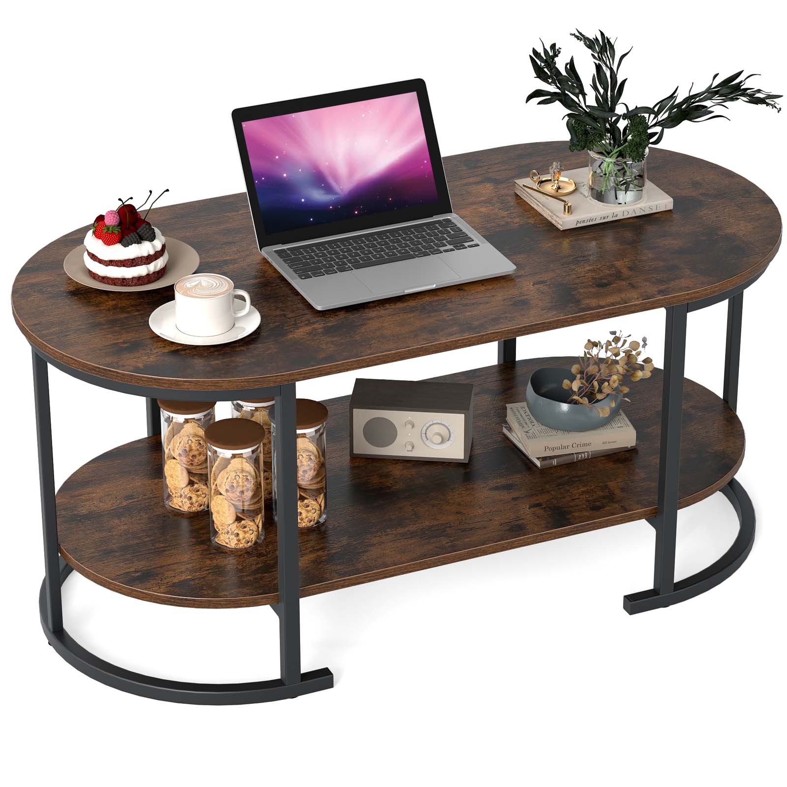Oval Coffee Table 2-Tier Wooden Accent Table with Spacious Tabletop and Open Storage Shelf-Rustic Brown
