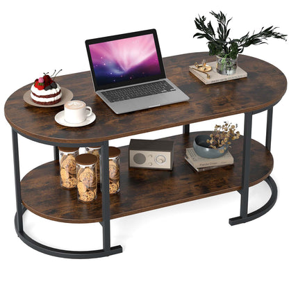 Oval Coffee Table 2-Tier Wooden Accent Table with Spacious Tabletop and Open Storage Shelf-Rustic Brown