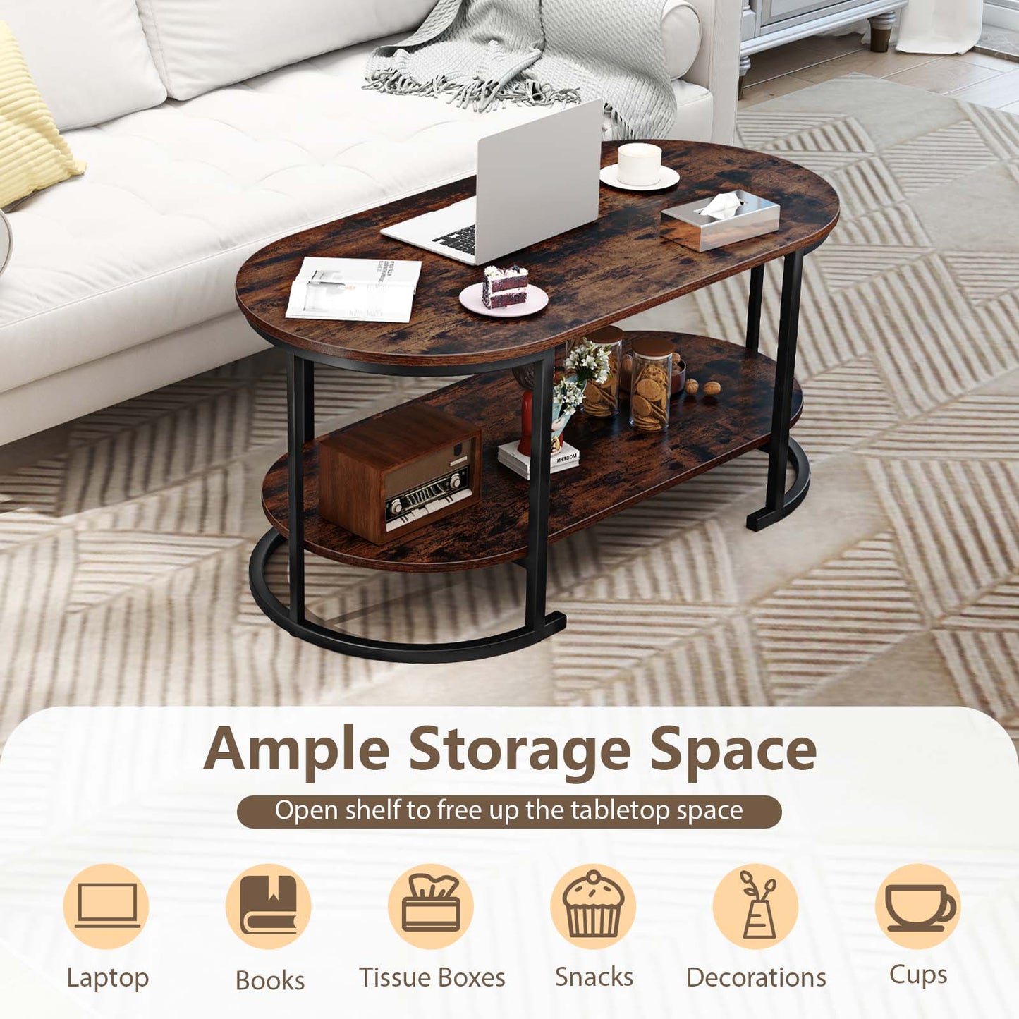 Oval Coffee Table 2-Tier Wooden Accent Table with Spacious Tabletop and Open Storage Shelf-Rustic Brown