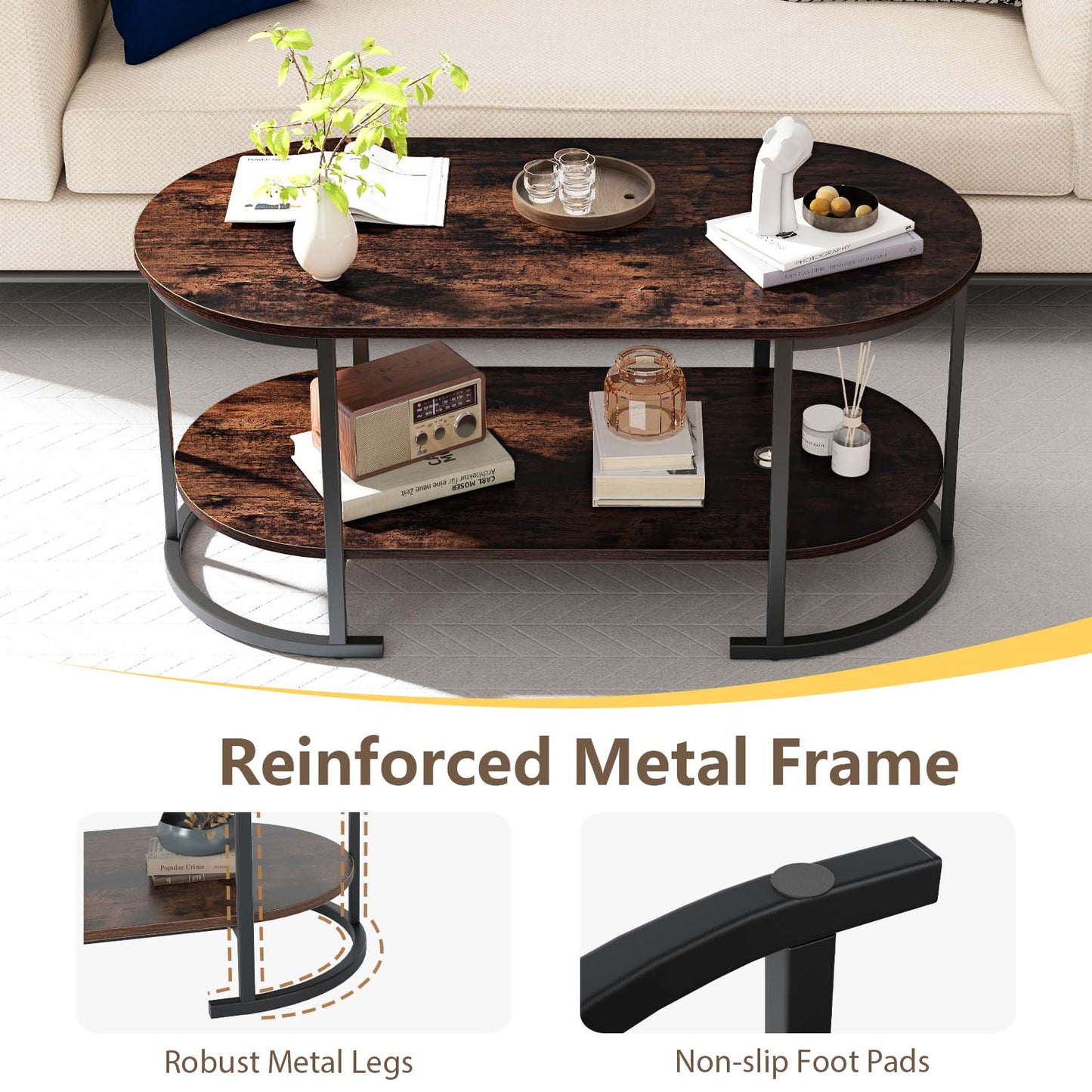 Oval Coffee Table 2-Tier Wooden Accent Table with Spacious Tabletop and Open Storage Shelf-Rustic Brown