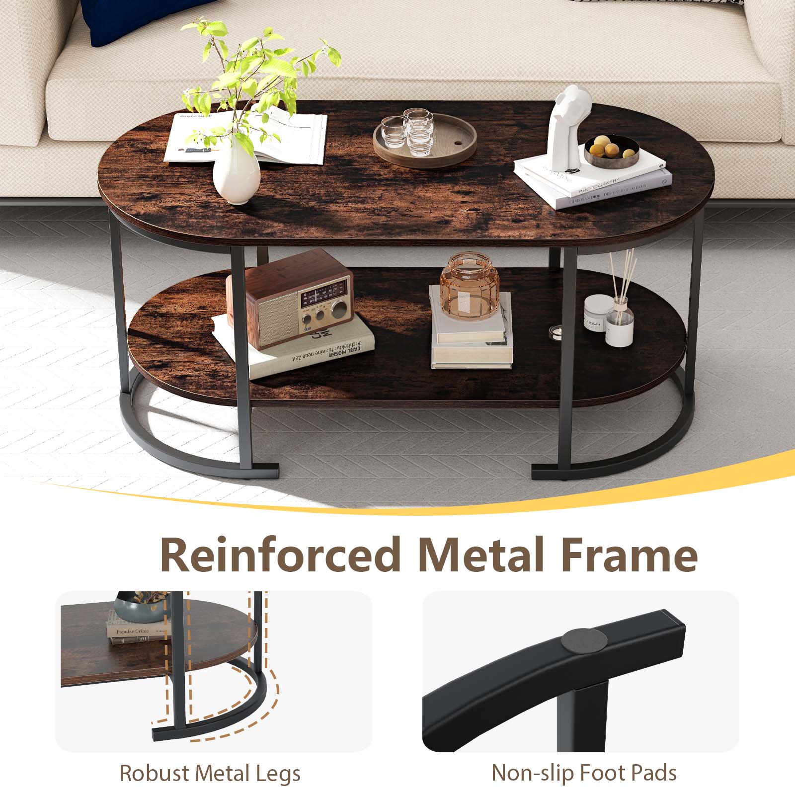 Oval Coffee Table 2-Tier Wooden Accent Table with Spacious Tabletop and Open Storage Shelf-Rustic Brown