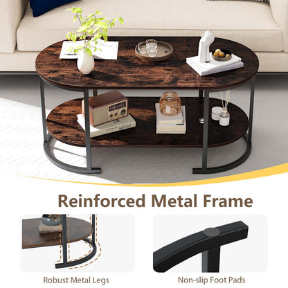 Oval Coffee Table 2-Tier Wooden Accent Table with Spacious Tabletop and Open Storage Shelf-Rustic Brown