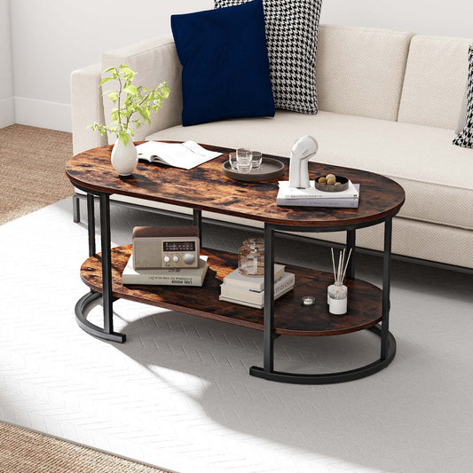 Oval Coffee Table 2-Tier Wooden Accent Table with Spacious Tabletop and Open Storage Shelf-Rustic Brown