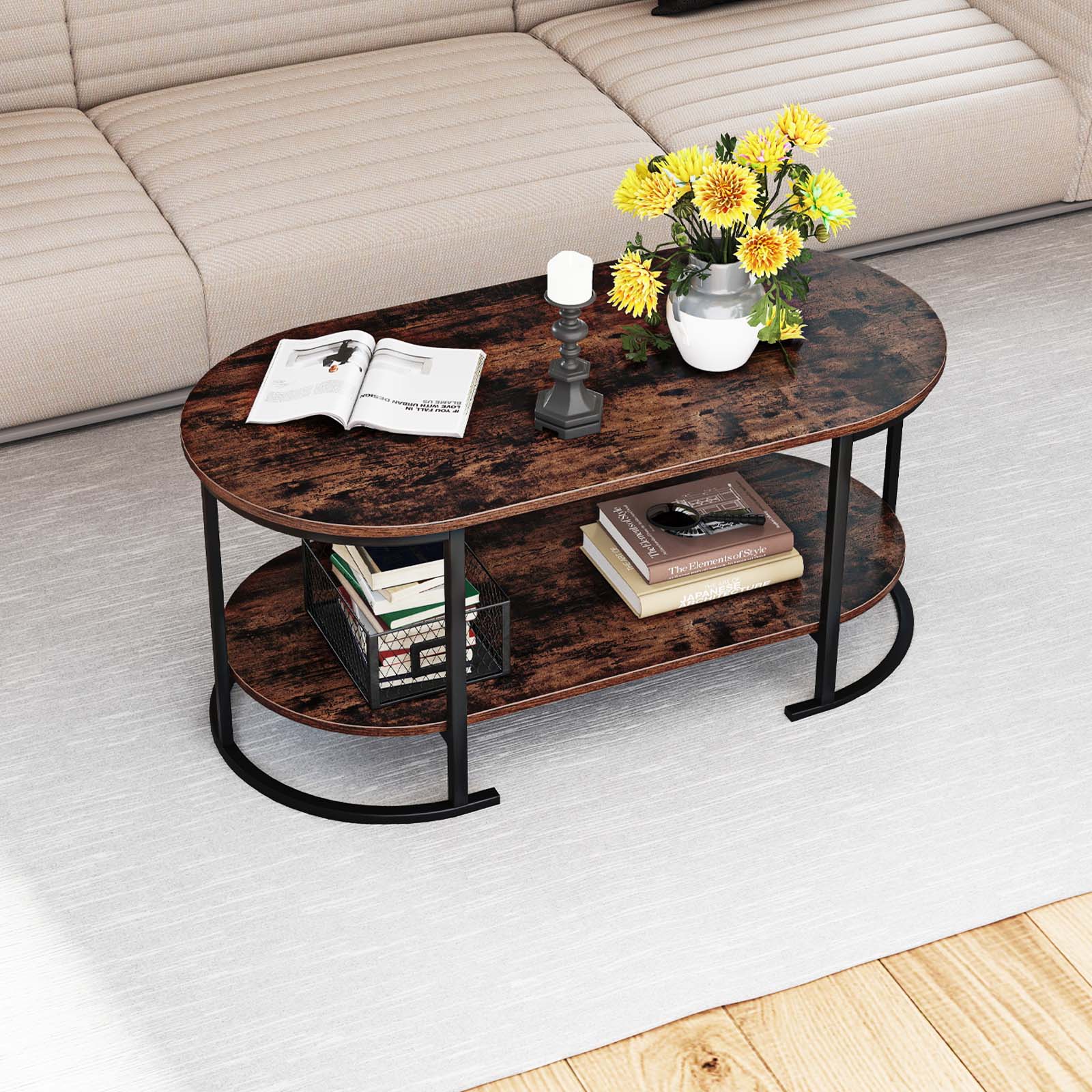 Oval Coffee Table 2-Tier Wooden Accent Table with Spacious Tabletop and Open Storage Shelf-Rustic Brown
