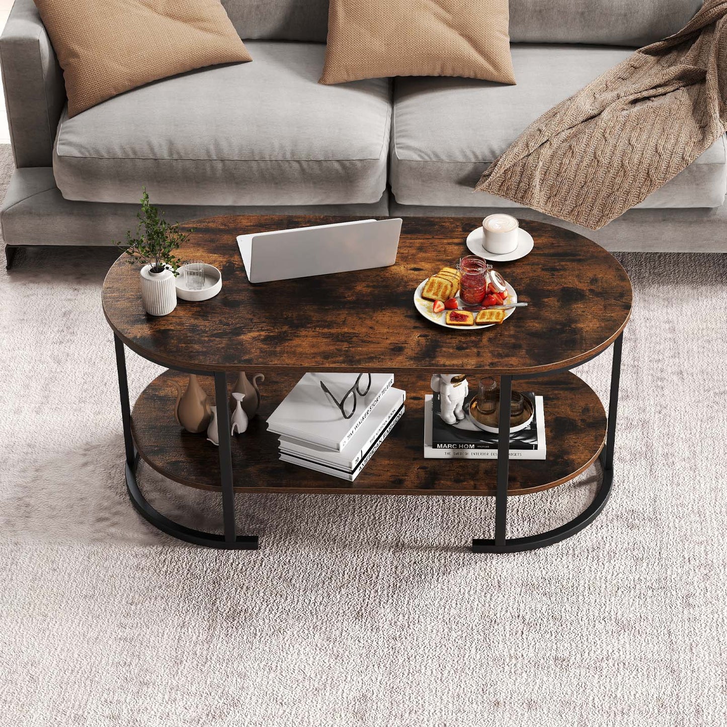 Oval Coffee Table 2-Tier Wooden Accent Table with Spacious Tabletop and Open Storage Shelf-Rustic Brown