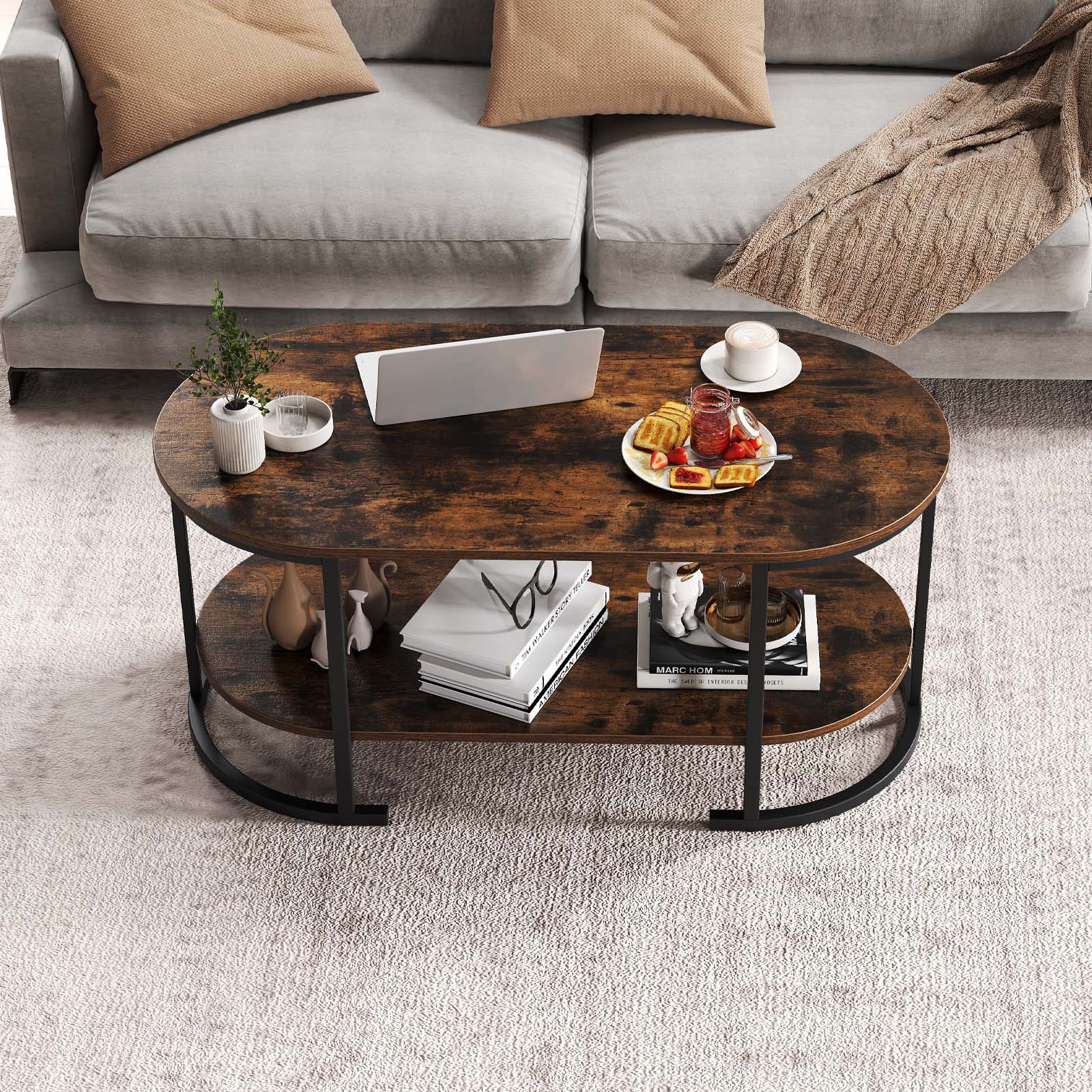 Oval Coffee Table 2-Tier Wooden Accent Table with Spacious Tabletop and Open Storage Shelf-Rustic Brown