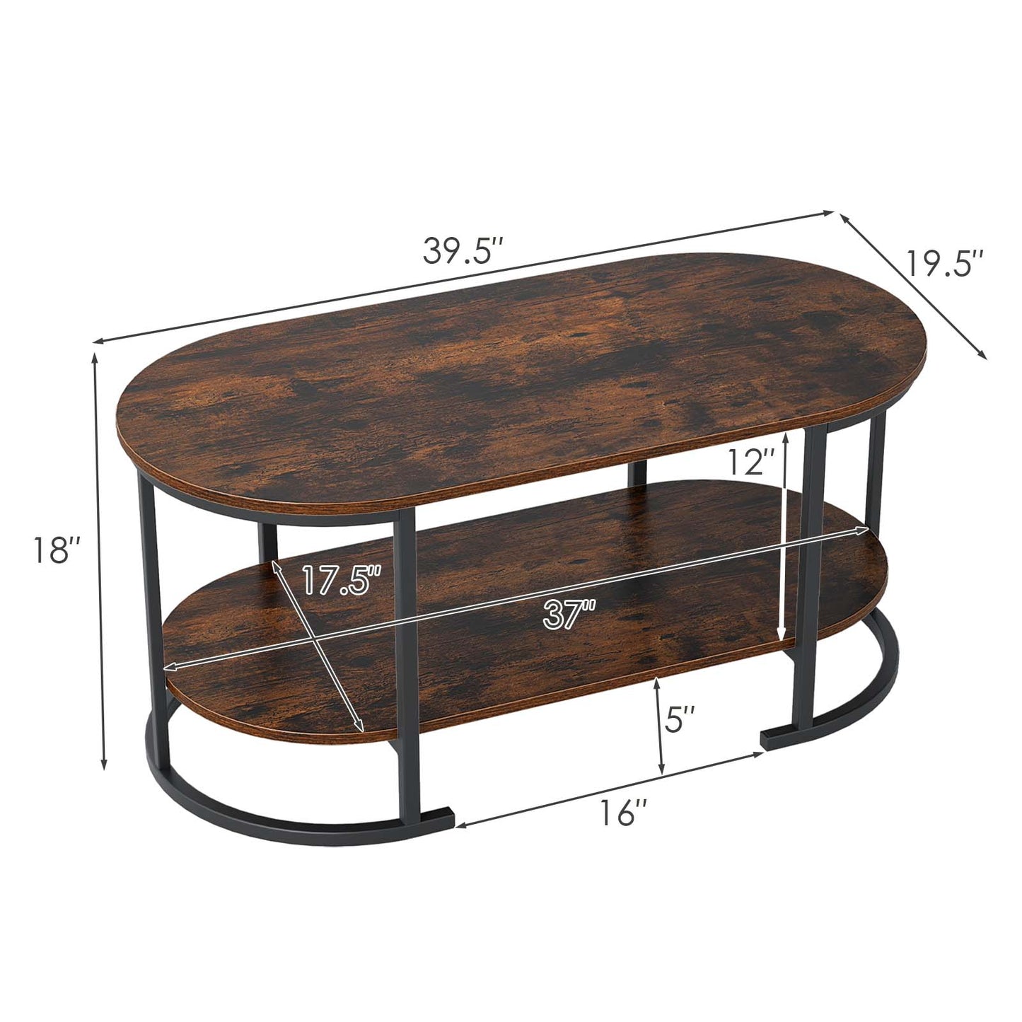 Oval Coffee Table 2-Tier Wooden Accent Table with Spacious Tabletop and Open Storage Shelf-Rustic Brown