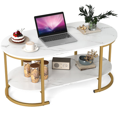 Oval Coffee Table 2-Tier Wooden Accent Table with Spacious Tabletop and Open Storage Shelf-White